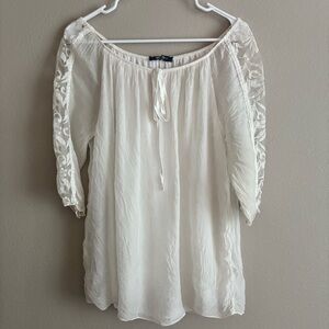 Whimsical Italian Silk Blouse with crochet lace sleeves and bow tie top